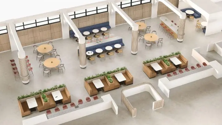 Axonometric view of a café and banquette layout with a Martin Brattrud Las Filas banquette, a Bernhardt Quiet table and Capri chairs, Teknion Laru side chairs, an Ethnicraft Circle round table and Andreu World Nub and Allermuir Kin barstools