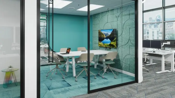 Custom environment rendering of a Teknion Altos glass meeting room with an acoustic panel and Sicla chairs