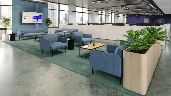 Lounge area with Gus Modern Foundry sofas and armchairs, Blu Dot Swole side tables and a Gus Modern Tobias coffee table, rendered by the Anomatics team to match the actual space, from the exposed services down to the carpet tile layout