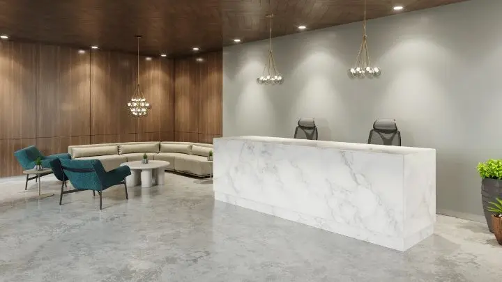 Custom lobby and reception modeled from the project drawings, with a marble-clad reception desk, a wood-panelled feature wall, a curved cream banquette with a round coffee table, teal lounge chairs and cluster pendants over polished concrete