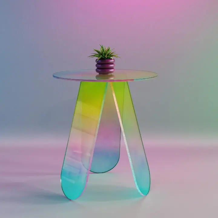 Close-up rendering of a Homary iridescent glass side table with a decorative planter