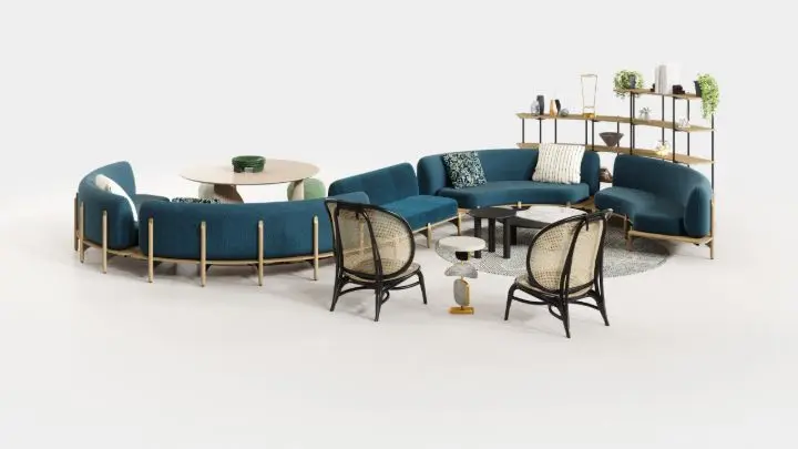 Lounge configuration on a white background built around the Frövi Bae organic modular seating system, with Nor11 Nomad lounge chairs, an Ethnicraft geometric dining table, an Arper Ghia tall side table and a sculptural side table