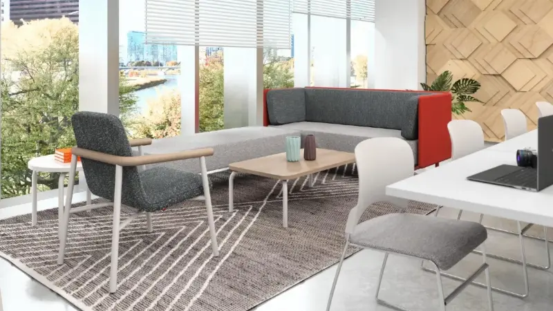 Teknion Routes modular soft seating rendered facing the water, Anomatics