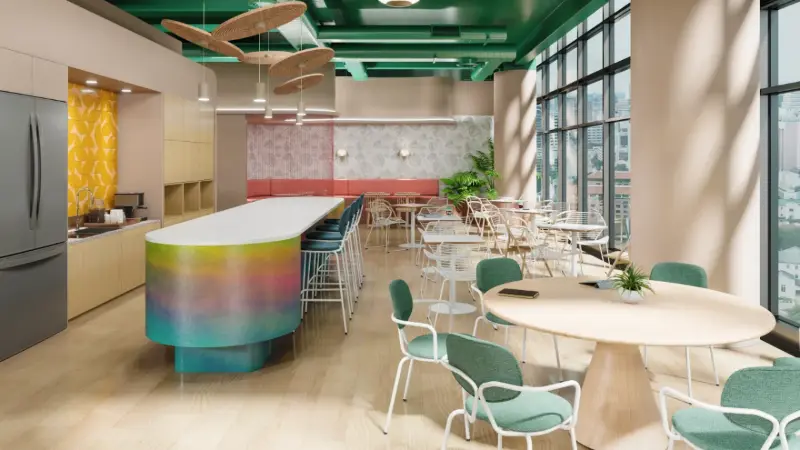TikTok cafe rendering with Studio TK Saante and Andreu World Nubb seating and HBF Torre tables, Anomatics