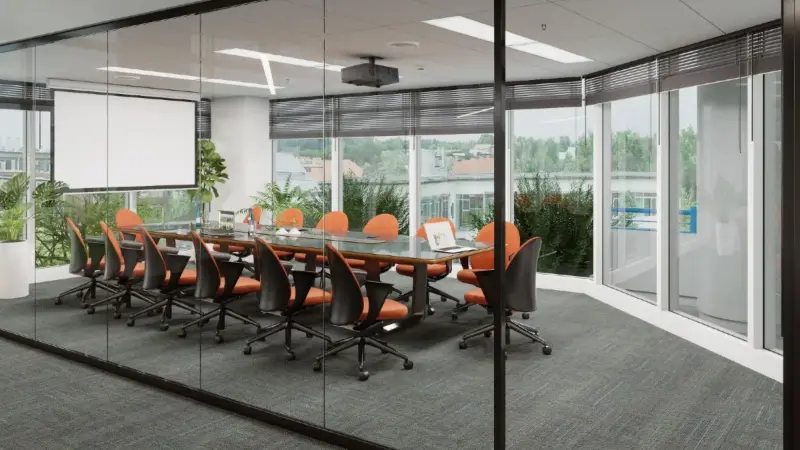 Airbnb conference room rendering with Teknion Essa chairs and a C+D table, Anomatics