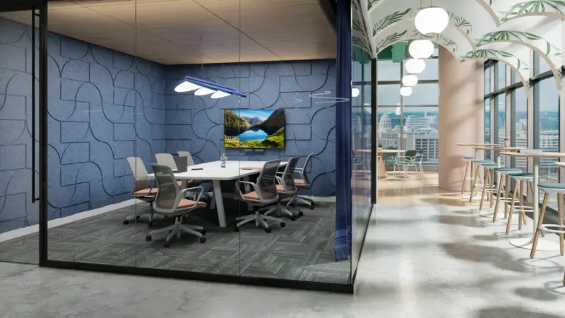 Conference room rendering with a FilzFelt Figure acoustic wall and Teknion Just-Us seating, Anomatics
