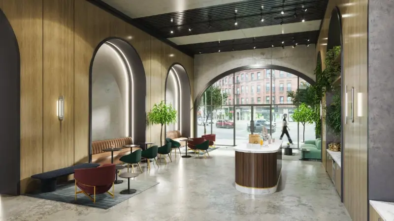 Lobby rendering with Martin Brattrud Las Ondas banquettes, a Hightower bench and a Muuto Connect sofa, Anomatics