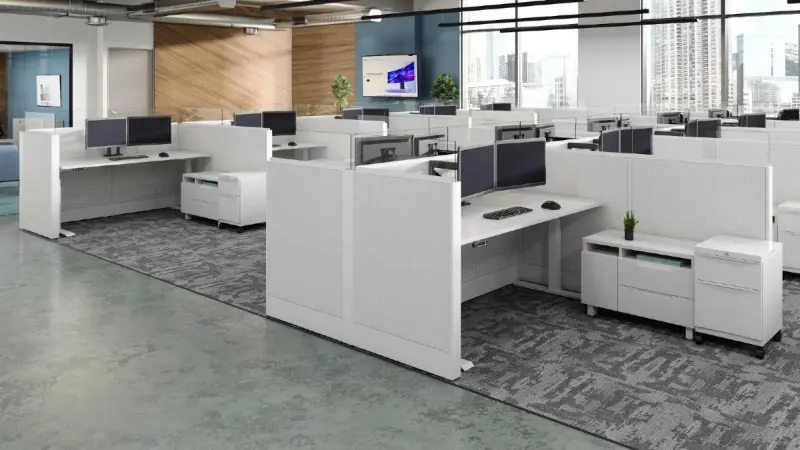 Panel-based workstation rendering with white acoustic panels, monitor arms and pedestals, Anomatics