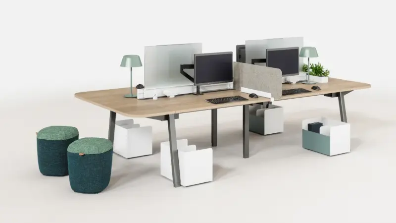 Height-adjustable bench desk rendering with privacy screens and knit poufs on white, Anomatics