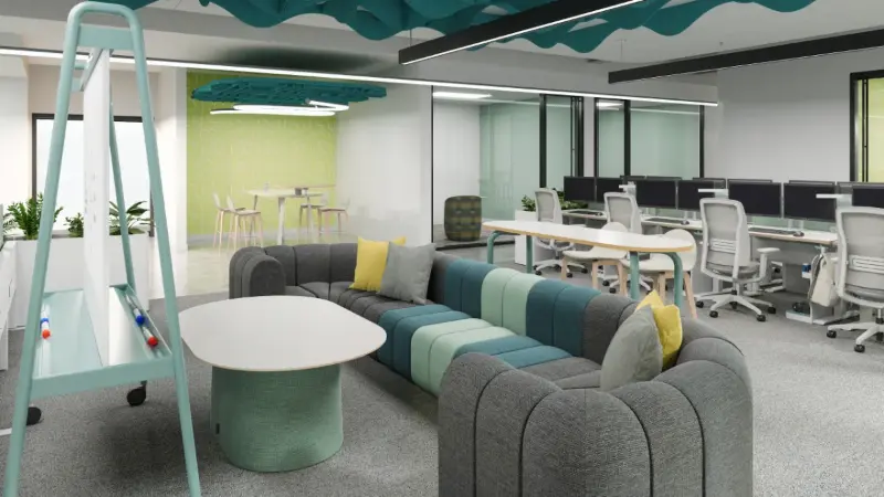 Open area rendering with a Scandinavian Spaces Bob sectional, naughtone Ton table and Teknion Routes counter, Anomatics